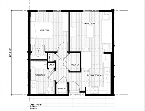 Floor plan for 1 bed, 1 bath, 635 sqft